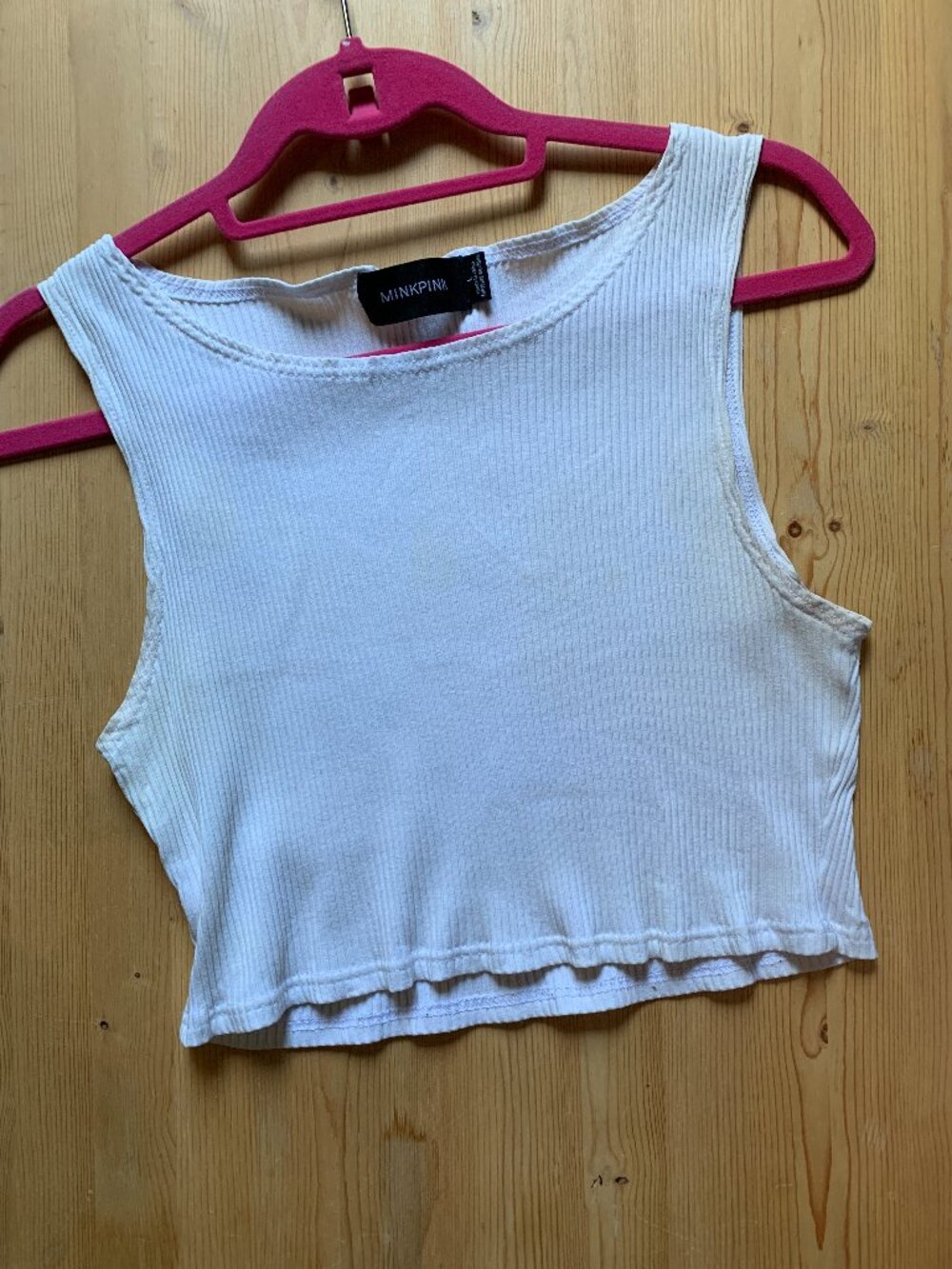 Minkpink White Ribbed Crop Tank Top Size L Lettuce Hem Sleeveless Y2K Casual